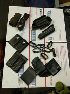 Vtg lot BIANCHI Police Black Leather Belt Holster &amp; Accessories Basket Weave