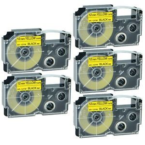 5x XR-12YW Black on Yellow Label Tape for Casio KL-780 750B 7200 1500 750BA 1/2&#034;