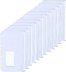 HAUTOCO 12PCS A6 Size Binder Pockets with Label Pocket, PVC Cash Budget Zipper E