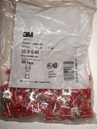 New 3m 94862 nylon insulated locking fork terminal 22-18 awg 100 pack red #10 for sale