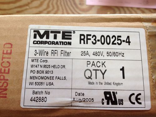 MTE RF3-0025-4 3-Phase RFI/EMI Filter, 25A, 3 WIRE, 480VAC *NEW IN BOX!*