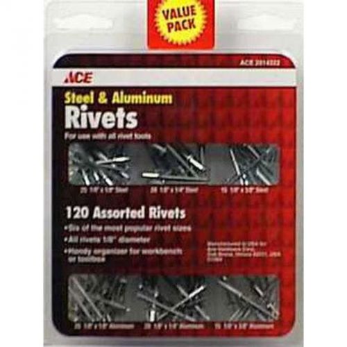 Steel And Aluminum Rivets Package Of 120 Assorted 1/8 ACE Pop Rivets 2014322A