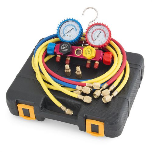 4 valve manifold gauge set r404a r410a r22 color hose brass hi low adapters hvac for sale