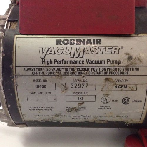 Robinair 15400, 1/2HP High Performance Vacuum Pump, 4 Cfm