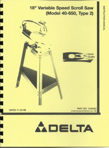 Delta 18&#034; Variable Speed Scroll Saw 40-650 Owner&#039;s Manual