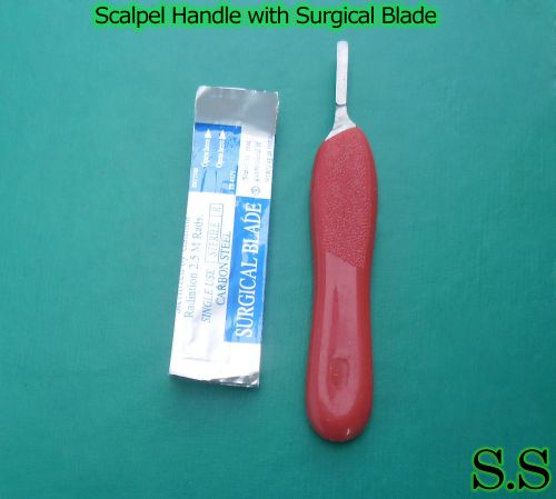 Scalpel Handle #4 Red Color With 10 Surgical Blade # 24 Dental Instruments