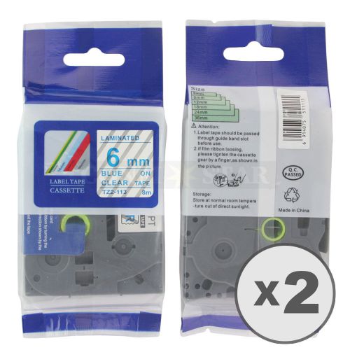 2pk blue on transparent tape label compatible for brother ptouch tz tze113 6mm for sale
