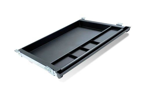 New black molded plastic under desk divided pencil drawer tray on metal glides for sale