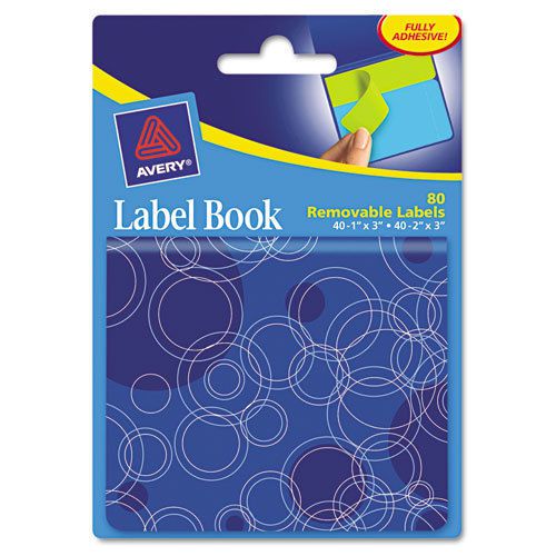 Avery Removable Label Pad Books, 1 X 3 Green &amp; 2 X 3 Blue, Blue Circles, 80/Pack