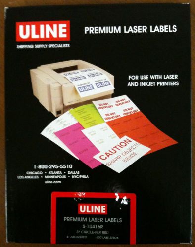 Uline S-10416R, 3&#034; Circle-FLR Red, 6 Labels Per Sheet, 600 Label Per Box
