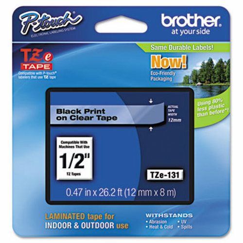Brother Adhesive Laminated Labeling Tape, 1/2w, Black on Clear (BRTTZE131)