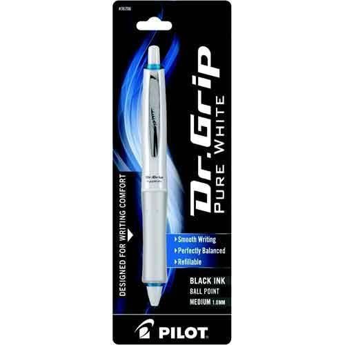 Pilot Dr. Grip Pure White Black Medium Ink Blue Barrel Accents