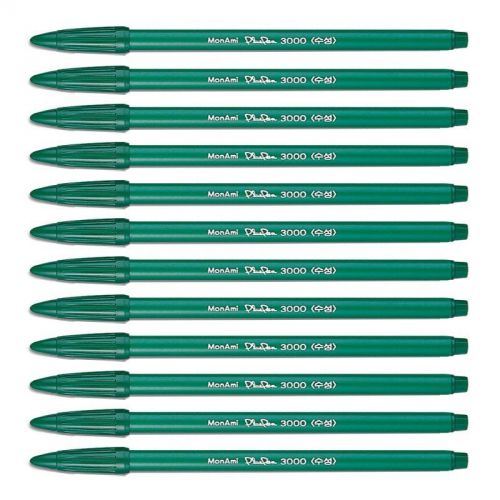 Monami Plus Pen 3000 Water Based Ink Type Felt tip broad line pen (Green 12 PCS)