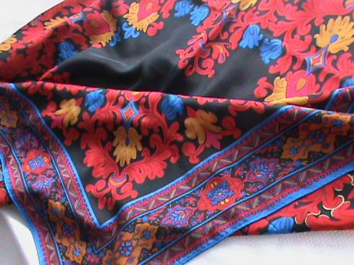 Silk 36&#034; square scarf multicolor paisley print red black blue gold raspberry LIZ