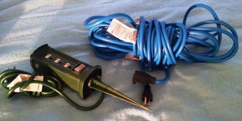Husky 50 foot medium duty extension cord &amp; 3 outlet ground stake bundle for sale