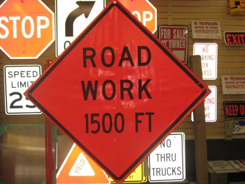 Road Work 1500 ft Fluorescent Vinyl With Ribs Road Sign 48&#034; X 48&#034;