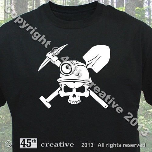 Miners crossbones t-shirt - miner hard hat light shovel pick axe skull tee shirt for sale