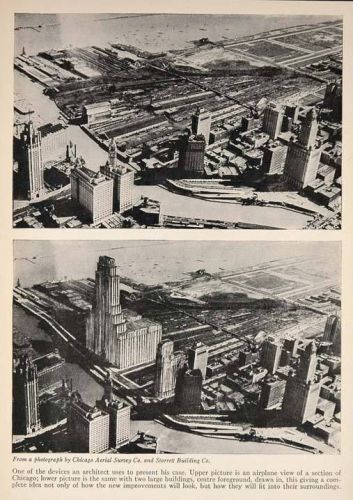 1928 print aerial view chicago river skyscraper unusual original historic sky for sale