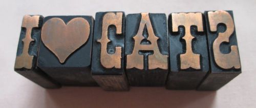 I &#034;heart&#034; Cats Vintage Print Blocks, 6 blocks, copper on wood