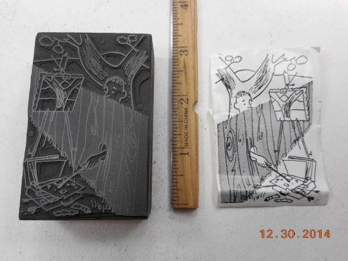Letterpress Printing Printers Block, Artist painting Tree thru Hole in Fence