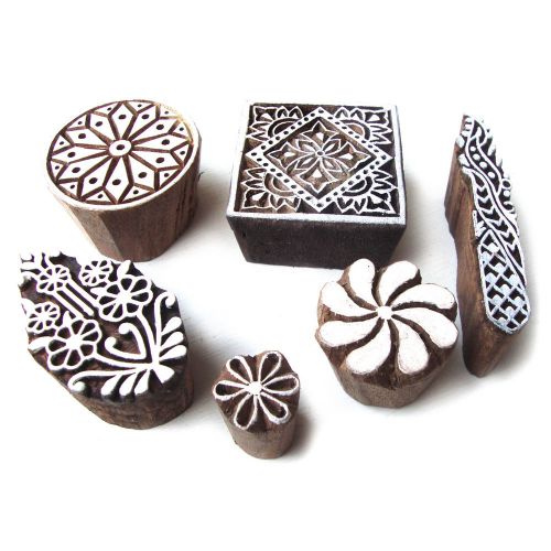 Flower Pattern Hand Carved Block Printing Wooden Design Tags (Set of 6)