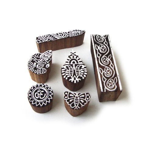 Handmade religious &amp; floral designs wooden printing blocks (set of 6) for sale