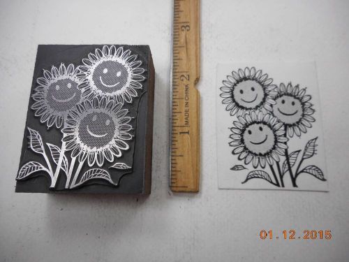 Letterpress Printing Printers Block, 3 Smiley Face Sunflowers