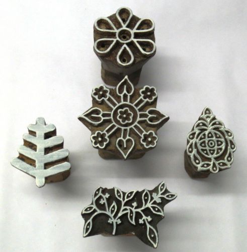 LOT OF 5 WOODEN HAND CARVED PRINTING FABRIC BLOCK STAMP CLAY POTTERY PATTERN