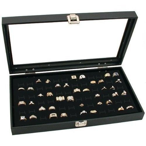 Black jewelry counter display show case 72 ring foam tray felt box glass top for sale