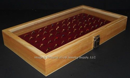 Key lock locking natural wood glass top burgundy 72 ring jewelry display case for sale