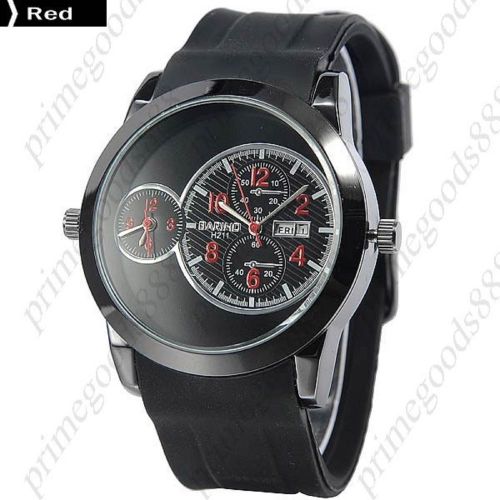 2 Time Zone Zones Black Rubber Band Date Analog Quartz Men&#039;s Wristwatch in Red