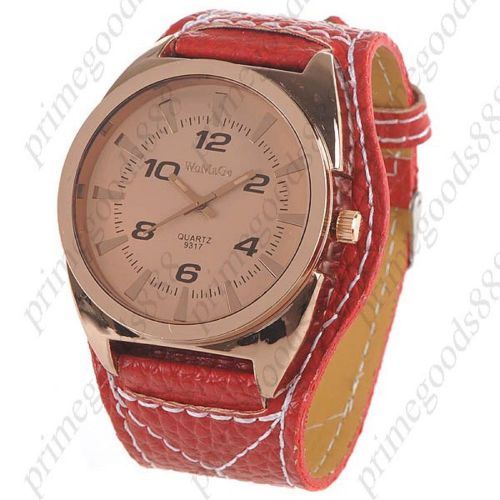 Wide Round Synthetic Leather Wrist Quartz Lady Ladies Wristwatch Women&#039;s Red