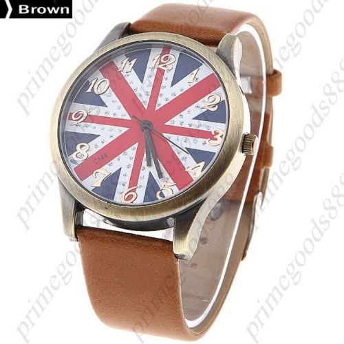 Union jack British Flag PU Leather Lady Ladies Quartz Wristwatch Women&#039;s Brown
