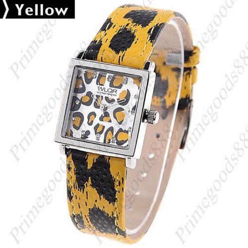 Square Panther Leather Analog Wrist Lady Ladies Quartz Wristwatch Women&#039;s Yellow