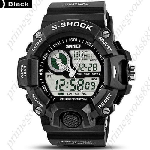 2 Time Zone 50 M Water Proof Analog Digital Date LED Wristwatch Men&#039;s Black