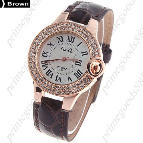 PU Leather Round Rhinestones Analog Quartz Wrist Wristwatch Women&#039;s Brown