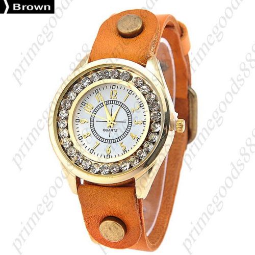 Round Rhinestones Analog PU Leather Lady Ladies Quartz Wristwatch Women&#039;s Brown