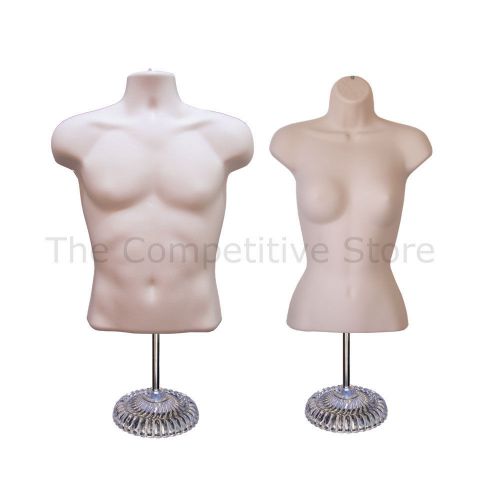 Torso male + female (waist long) w/ economic plastic base mannequin set - flesh for sale