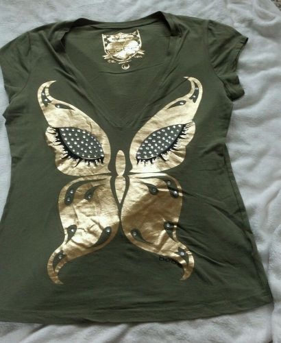 Bebe butterfly gold foil &amp; stud embellished graphic t-shirt l 10/12 cleavage top for sale