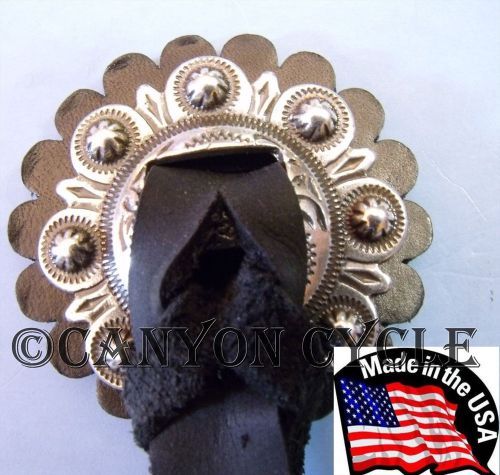 USA MADE SILVER PLATED ZINC BERRY CONCHO + LEATHER ROSETTE &amp; STRAP SADDLE BAG