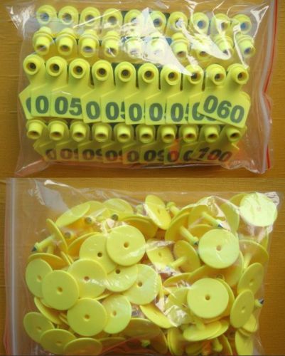 100 Sets Yellow 1-100 Bold  Number Plastic Livestock Ear Tag For Goat Cow Pig