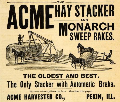 1893 ad acme harvester farming hay stacker monarch rake agriculture aag1 for sale