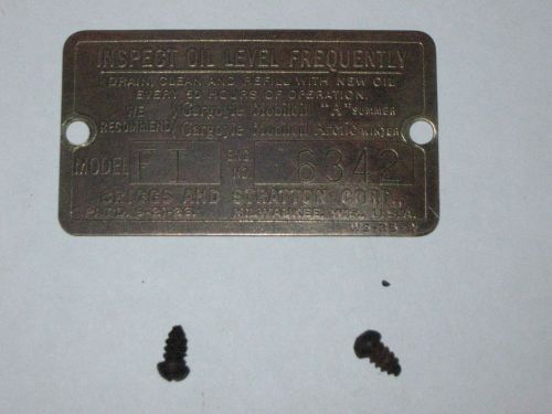 Old Antique Briggs &amp; Stratton Gas Engine Brass Serial Tag Model FI
