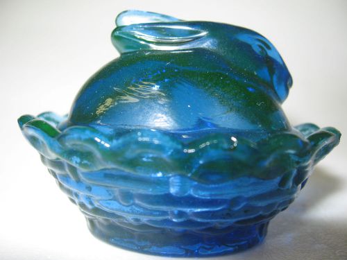 Cobalt Blue Vaseline glass bunny rabbit salt cellar celt uranium on nest basket