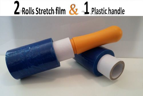 2 BLUE ROLLS MINI STRETCH FILM 10CMx1000 &amp; 1 PLASTIC HANDLE WARP SHRINK ROLL&lt;&lt;&lt;