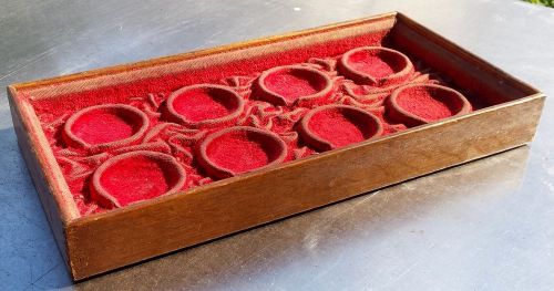 Antique pocket watch jewelry display board tray oak worn red velvet - MUST SEE