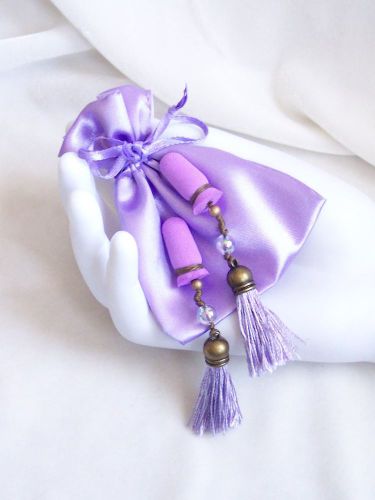 Silky pale purple antiqued gold tassels ab beads sound reduction ear plugs &amp; bag for sale