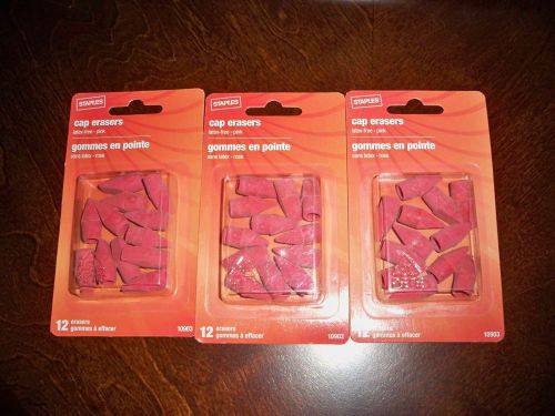 Staples Pink Pencil Cap Eraser 3 packs (12 Count per pack)  NEW