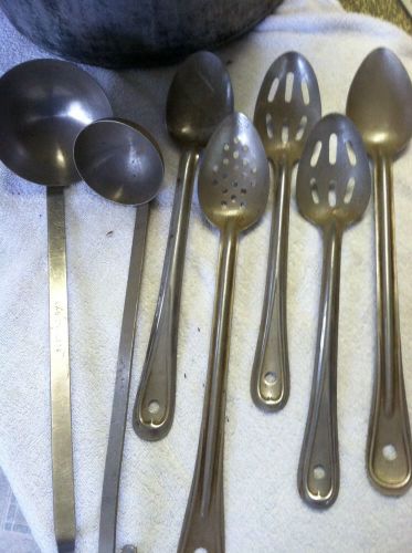 Commercial grade restaurant stainless steel stock cooking pots (2 ) utensils(7) for sale