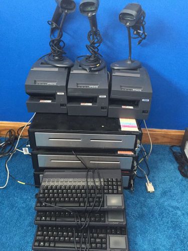 3 CASH REGISTER DRAWERS SCAN GUNS RECEIPT PRINTERS KEY BOARD CREDIT CARD SNANERS